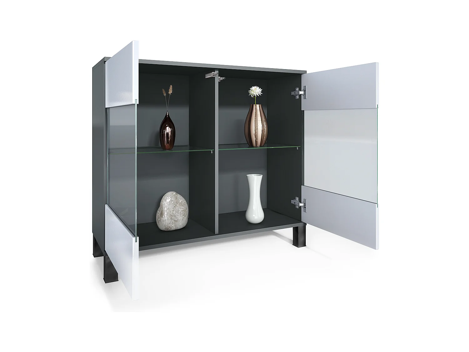 Commode Bari V3, Armoire de cuisine moderne avec 2 grandes portes vitrées incl. éclairage RGB anthracite mat / gris sable haute brillance (92,5 x 84.5 x 35)