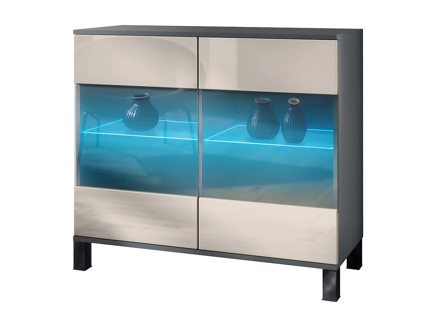 Commode Bari V3, Armoire de cuisine moderne avec 2 grandes portes vitrées incl. éclairage RGB anthracite mat / gris sable haute brillance (92,5 x 84.5 x 35)