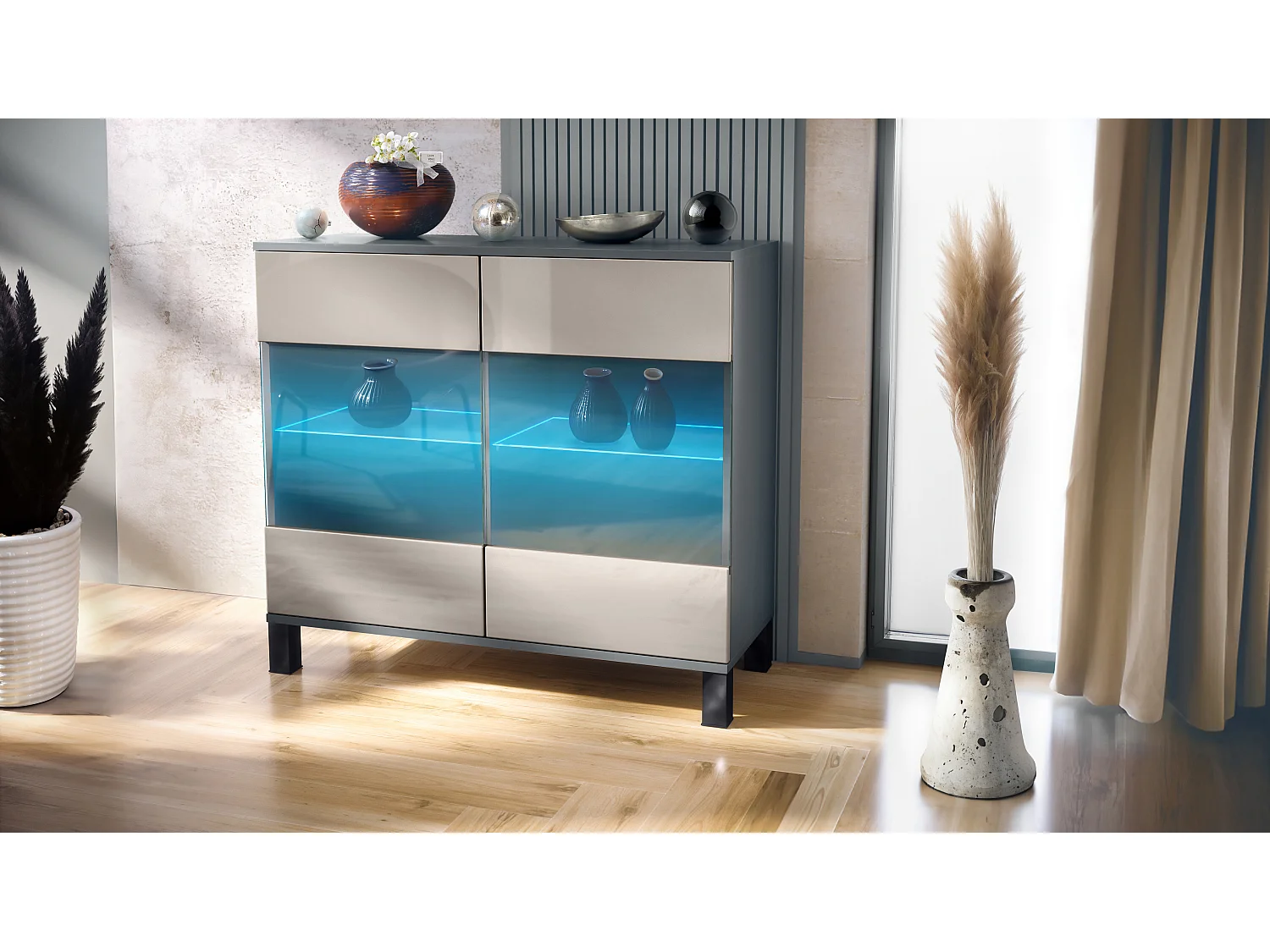 Commode Bari V3, Armoire de cuisine moderne avec 2 grandes portes vitrées incl. éclairage RGB anthracite mat / gris sable haute brillance (92,5 x 84.5 x 35)