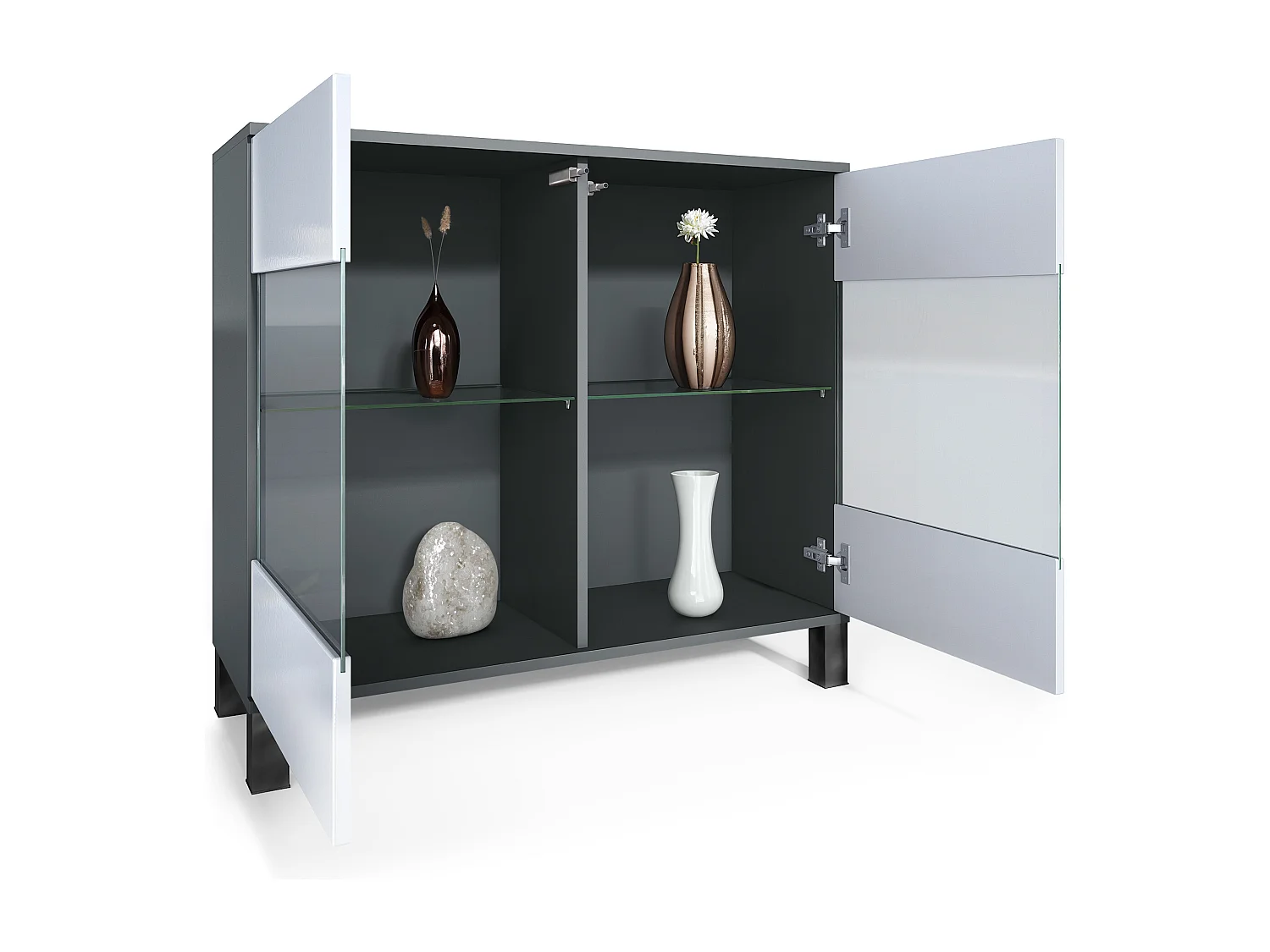 Commode Bari V3, Armoire de cuisine moderne avec 2 grandes portes vitrées incl. éclairage RGB anthracite mat / gris sable haute brillance (92,5 x 84.5 x 35)