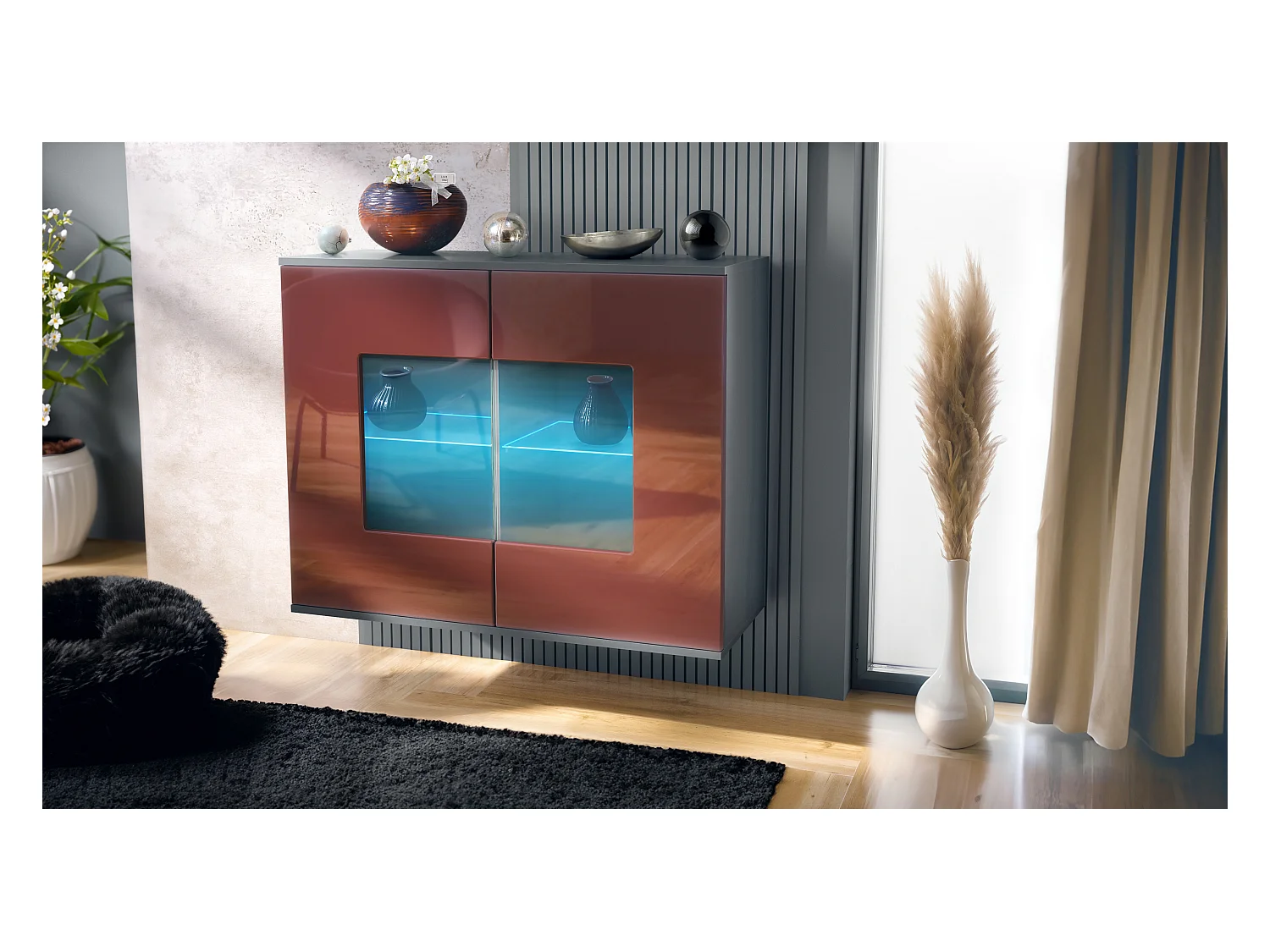 Commode Grömitz V3, Armoire de cuisine moderne avec 2 grandes portes vitrées incl. éclairage RGB anthracite mat / bordeaux haute brillance (92,5 x 73.5 x 35)