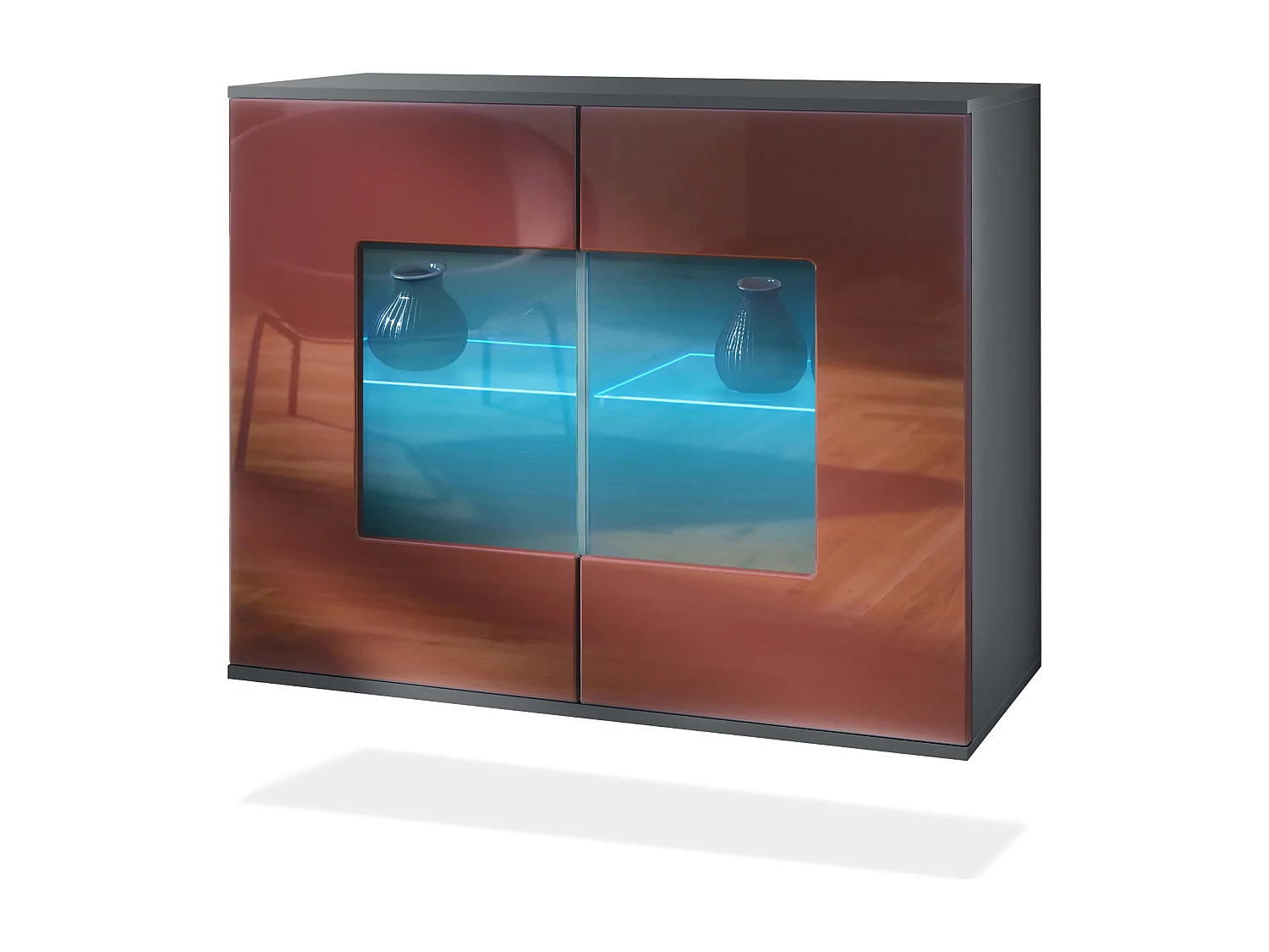 Cómoda Grömitz V3, Moderno armario de cocina con 2 grandes puertas de cristal incl. iluminación RGB antracita mate / burdeos de alto brillo (92,5 x 73.5 x 35)