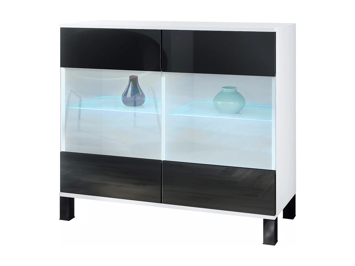 Commode Bari V3, Armoire de cuisine moderne avec 2 grandes portes vitrées incl. éclairage RGB blanc mat / noir haute brillance (92,5 x 84.5 x 35)