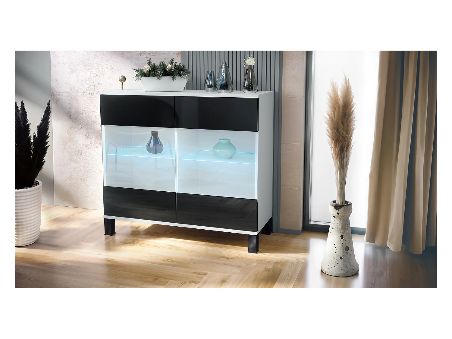 Commode Bari V3, Armoire de cuisine moderne avec 2 grandes portes vitrées incl. éclairage RGB blanc mat / noir haute brillance (92,5 x 84.5 x 35)
