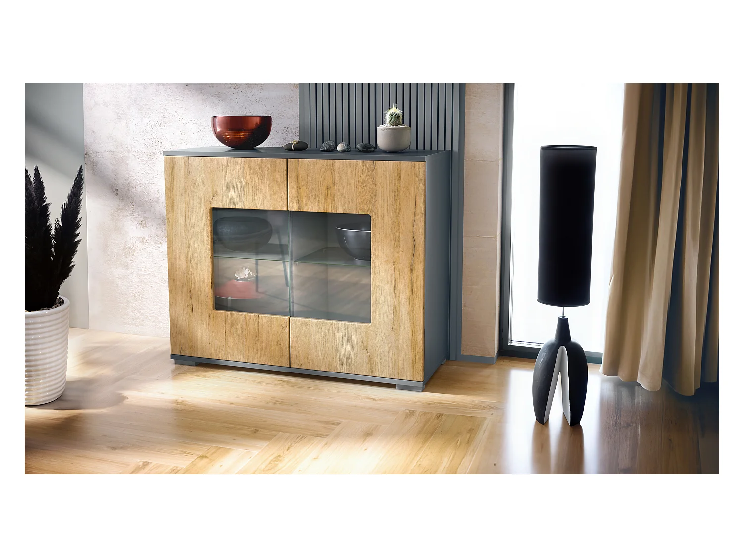 Commode Grömitz V3, Armoire de cuisine moderne avec 2 grandes portes vitrées anthracite mat / chêne nature (92,5 x 75.5 x 35)