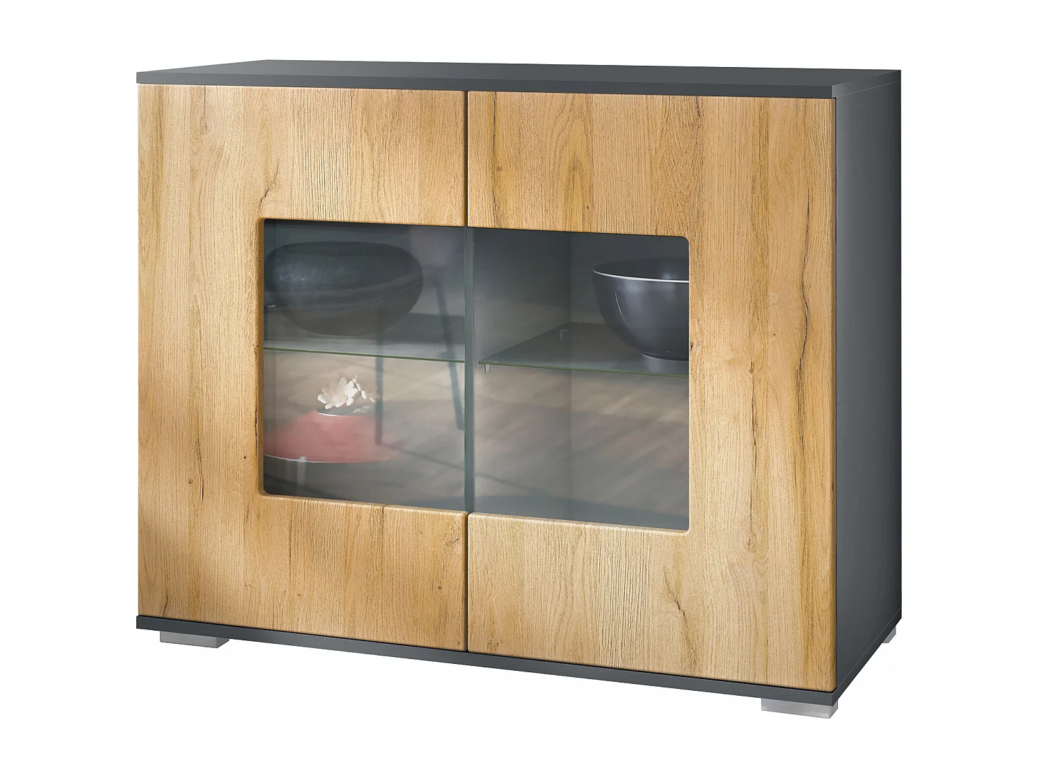 Cassettiera Grömitz V3, Mobile da cucina moderno con 2 grandi ante in vetro antracite opaco  / rovere naturale (92,5 x 75.5 x 35)