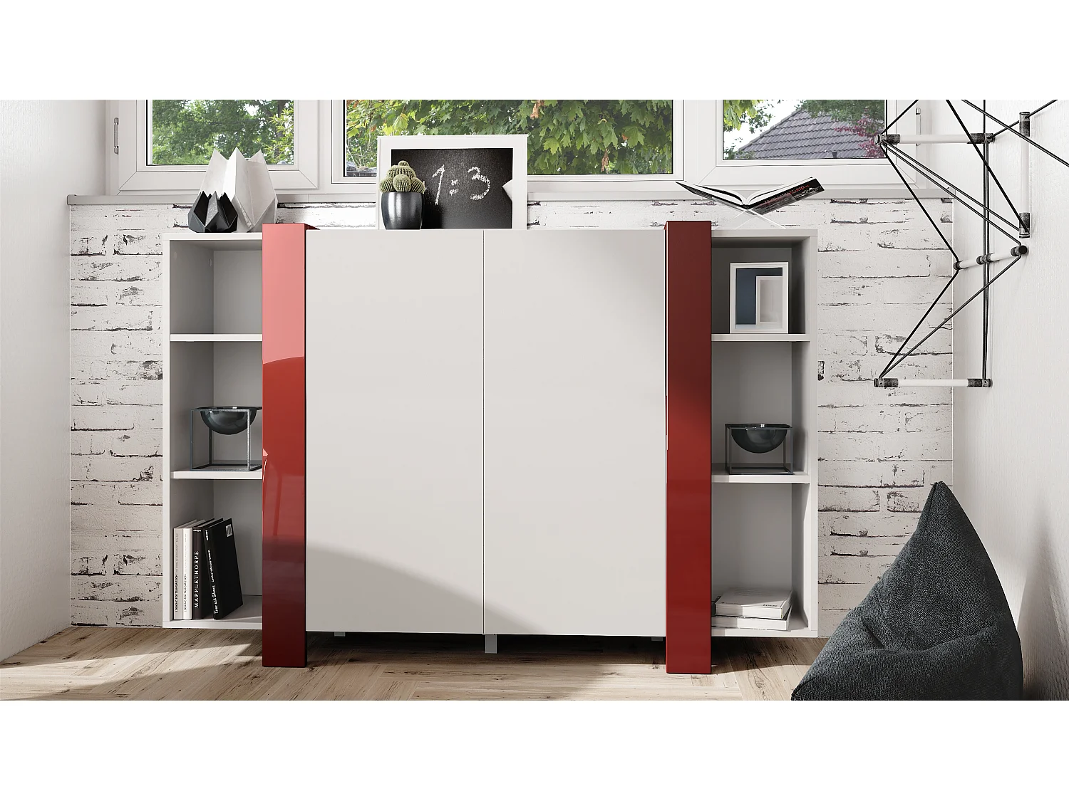 Vladon Aparador Ida V2, aparador con 12 compartimentos, carcasa en blanco mate, frentes en burdeos de alto brillo, (149 x 101 x 34 cm) | Gran selección de colores