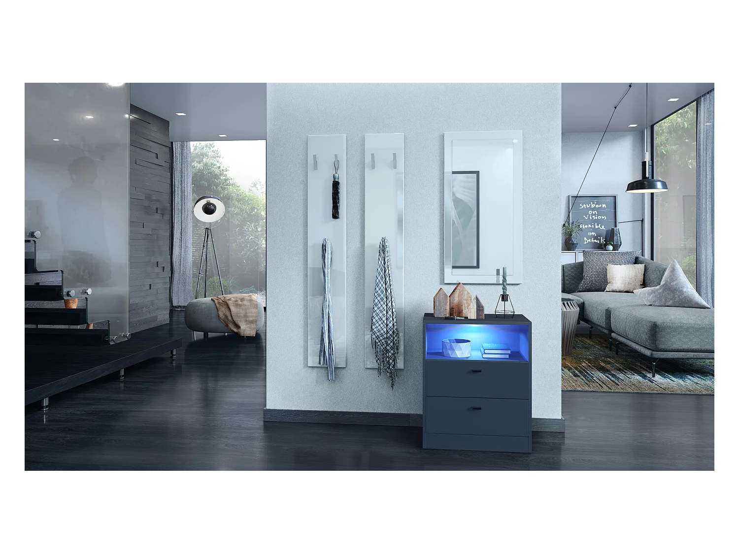 Buffet Pino V1, table de chevet avec 2 tiroirs & 1 compartiment ouvert, Anthracite mat/undefined avec éclairage LED RVB (56 x 67,5 x 36 cm)