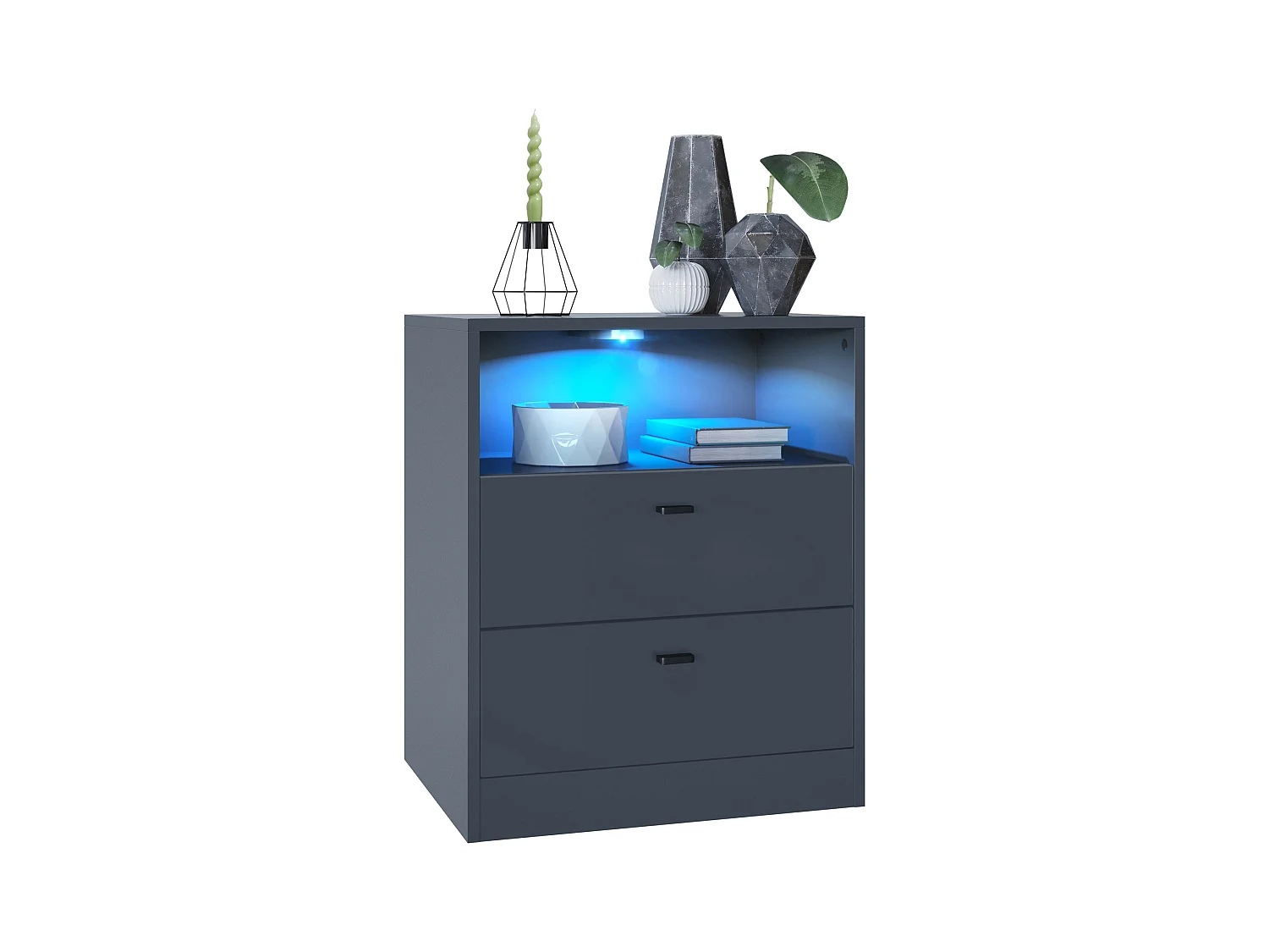 Buffet Pino V1, table de chevet avec 2 tiroirs & 1 compartiment ouvert, Anthracite mat/undefined avec éclairage LED RVB (56 x 67,5 x 36 cm)