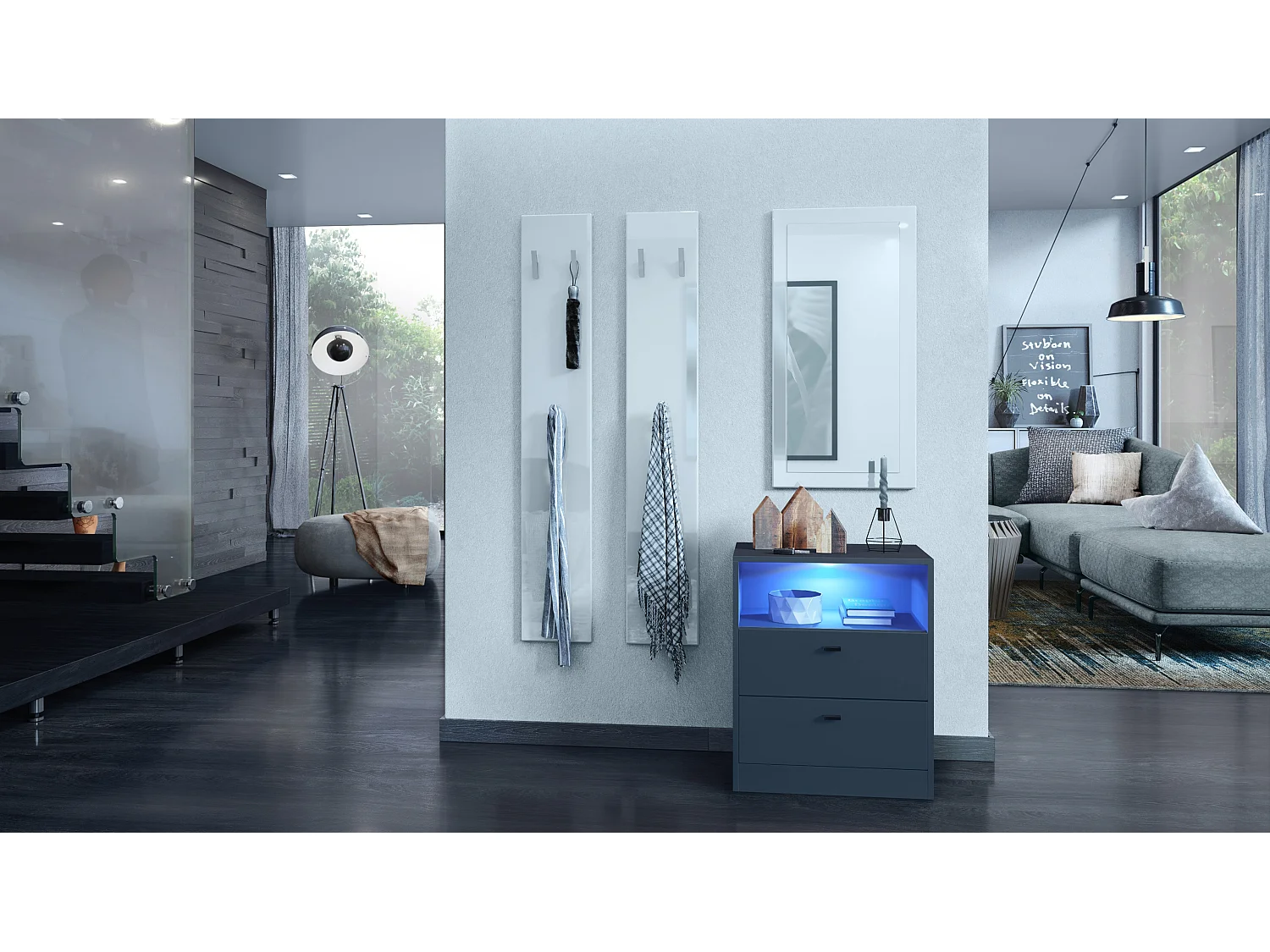 Cassettiera Pino V1, Comodino con 2 cassetti e 1 vano a giorno, antracite/non definito con LED RGB (56 x 67,5 x 36 cm)