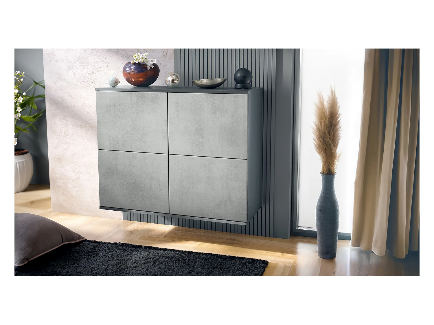 Buffet Rova V3 – Meuble de cuisine moderne avec 4 portes Push-to-Open anthracite mat / aspect béton oxyde (92,5 x 73.5 x 35)