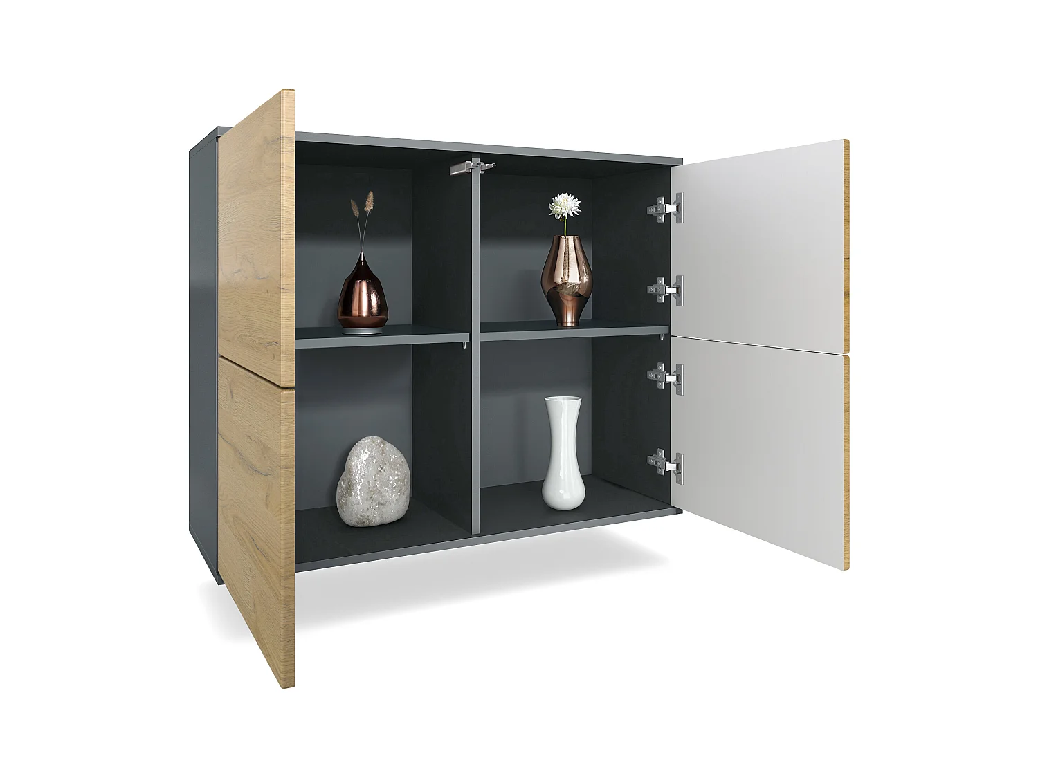 Buffet Rova V3 – Meuble de cuisine moderne avec 4 portes Push-to-Open anthracite mat / aspect béton oxyde (92,5 x 73.5 x 35)