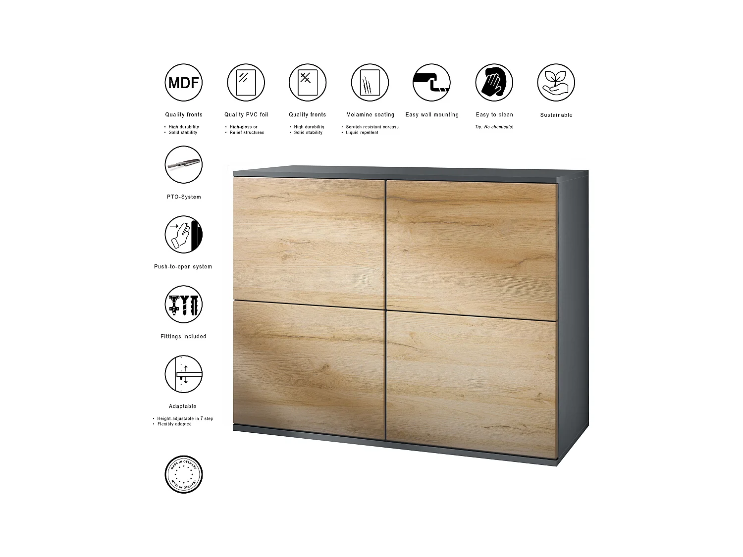 Buffet Rova V3 – Meuble de cuisine moderne avec 4 portes Push-to-Open anthracite mat / aspect béton oxyde (92,5 x 73.5 x 35)