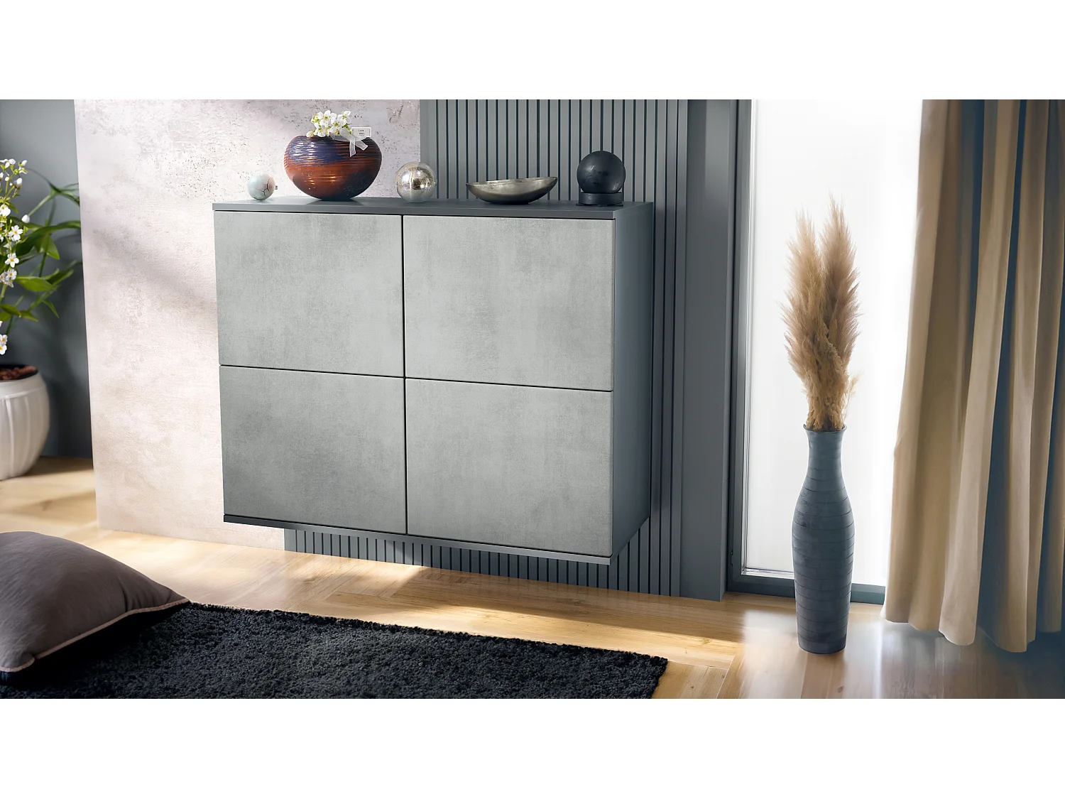 Credenza Rova V3 – Mobile da cucina moderno con 4 ante Push-to-Open antracite opaco  / ottica cermento ossido (92,5 x 73.5 x 35)