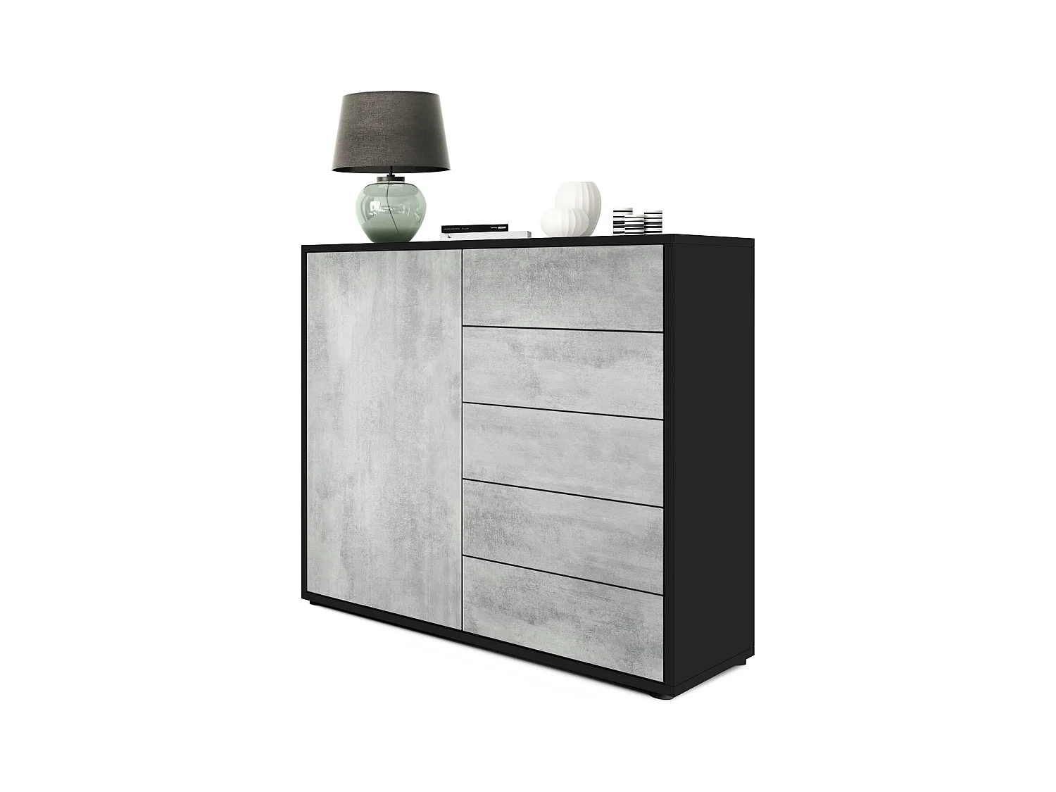 Buffet Ben V2, Commode avec 1 portes et 5 tiroirs, Noir mat/Aspect Béton Oxyde (79 x 74 x 36 cm)