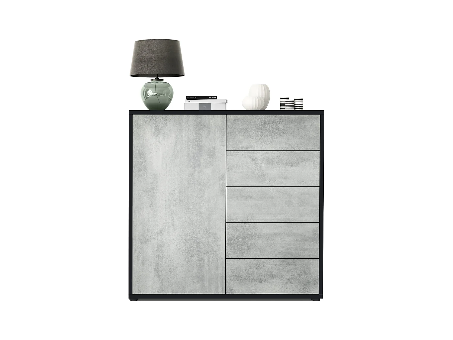 Buffet Ben V2, Commode avec 1 portes et 5 tiroirs, Noir mat/Aspect Béton Oxyde (79 x 74 x 36 cm)