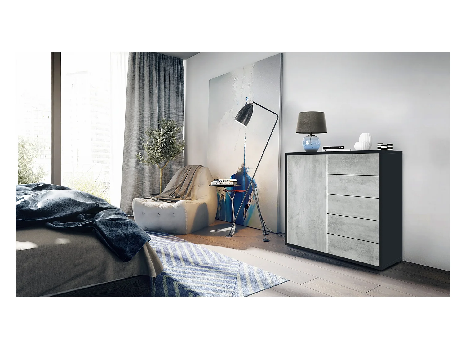 Buffet Ben V2, Commode avec 1 portes et 5 tiroirs, Noir mat/Aspect Béton Oxyde (79 x 74 x 36 cm)