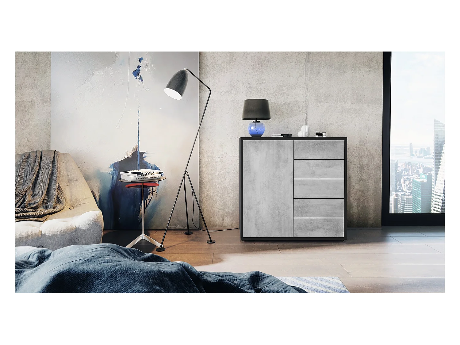 Buffet Ben V2, Commode avec 1 portes et 5 tiroirs, Noir mat/Aspect Béton Oxyde (79 x 74 x 36 cm)