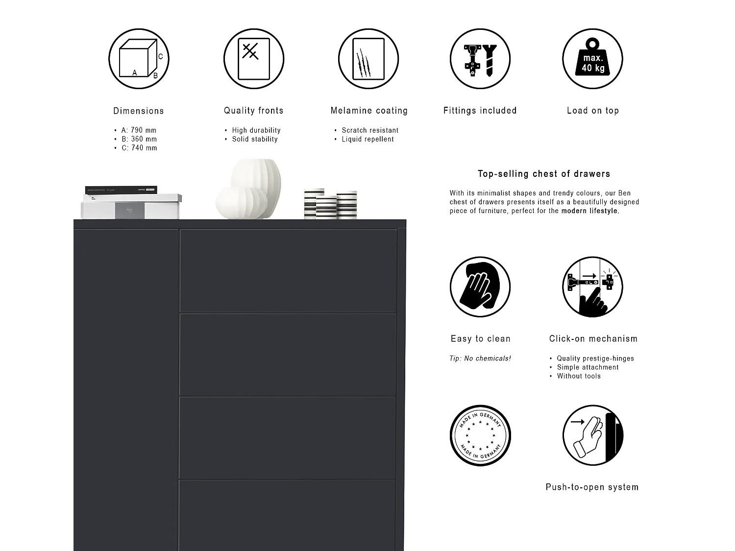 Madia  Ben V2, mobile con 1 anta e 5 cassetti, nero opaco/ossido di grigio (79 x 74 x 36 cm)