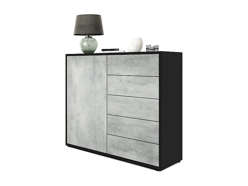 Buffet Ben V2, Commode avec 1 portes et 5 tiroirs, Noir mat/Aspect Béton Oxyde (79 x 74 x 36 cm)