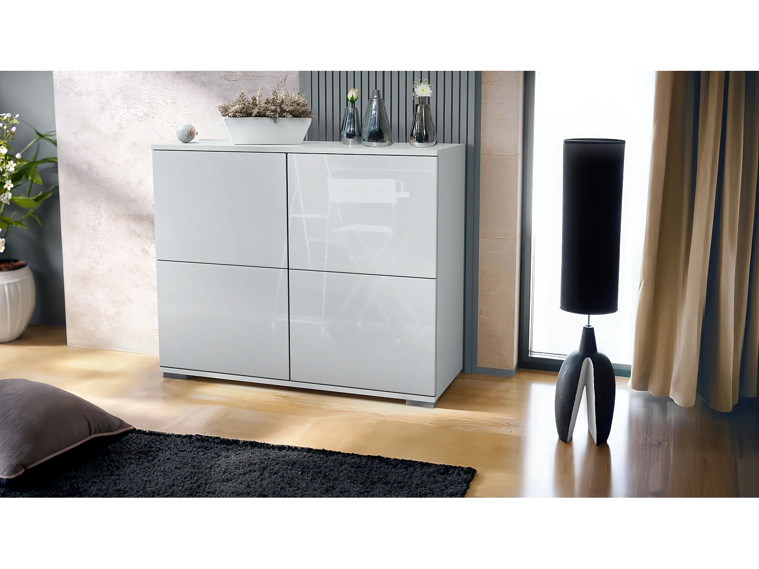 Credenza Rova V3 – Mobile da cucina moderno con 4 ante Push-to-Open bianco opaco / bianco lucido (92,5 x 75.5 x 35)