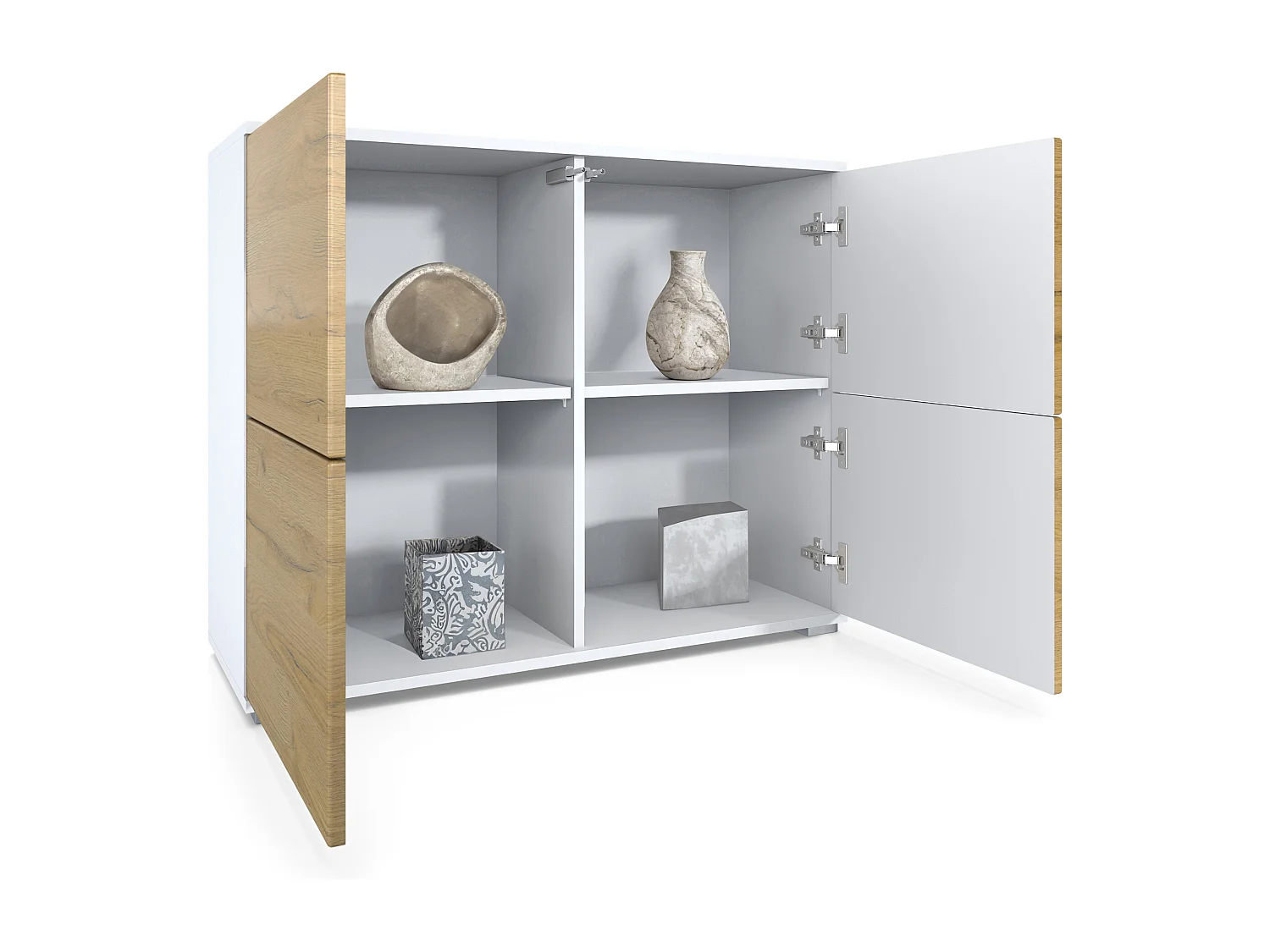 Credenza Rova V3 – Mobile da cucina moderno con 4 ante Push-to-Open bianco opaco / bianco lucido (92,5 x 75.5 x 35)