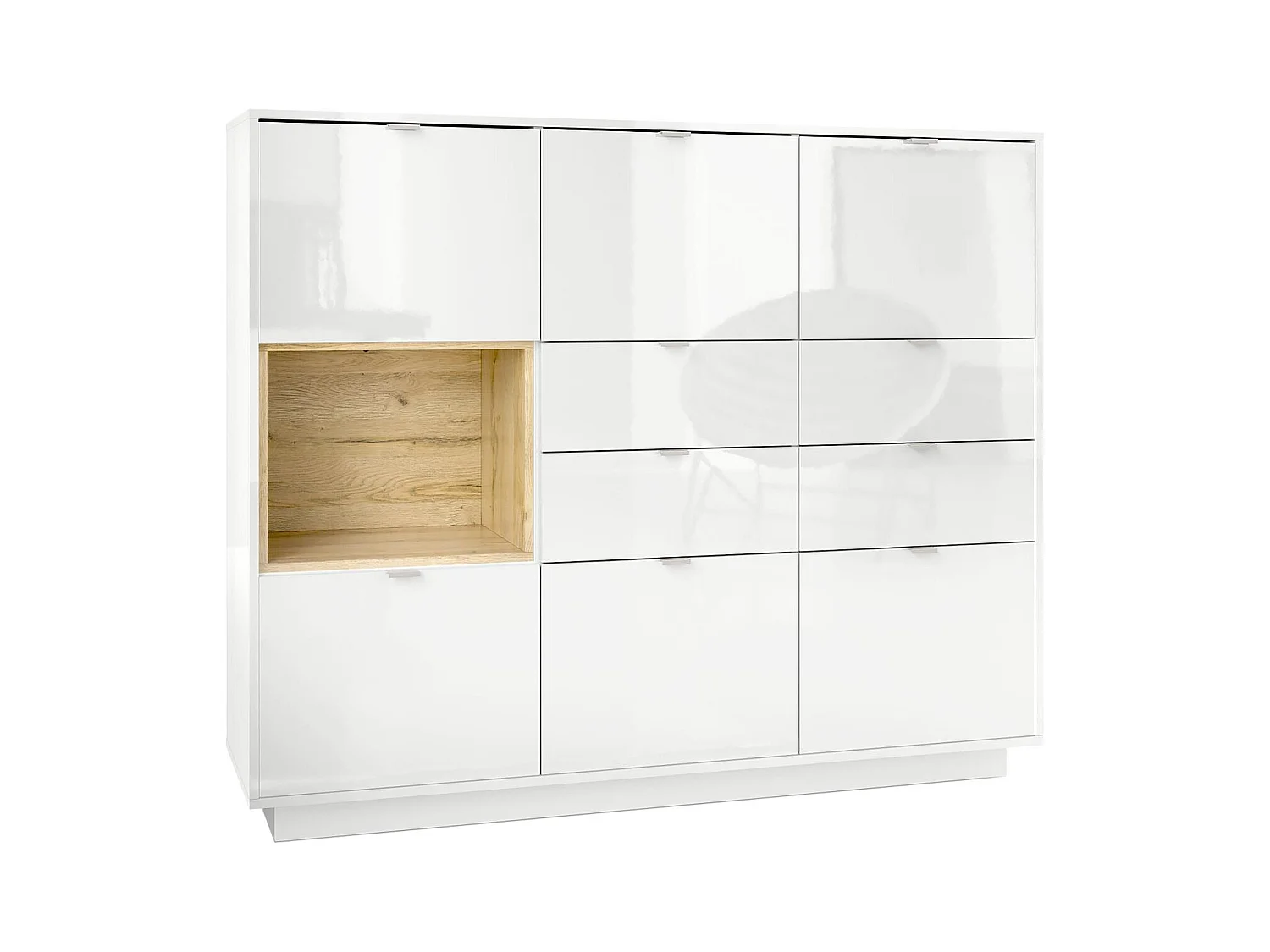 Buffet haut Armoire Metro V2, Corps en Blanc haute brillance / Façades en Blanc haute brillance avec une insertion en Chêne Nature