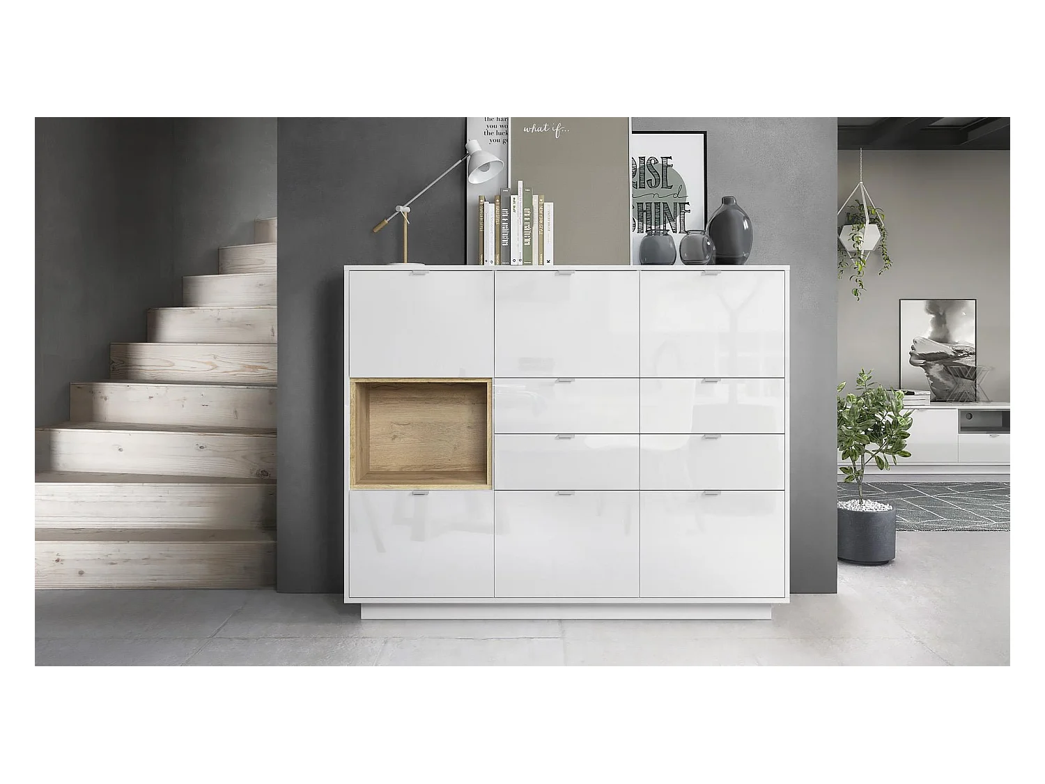 Buffet haut Armoire Metro V2, Corps en Blanc haute brillance / Façades en Blanc haute brillance avec une insertion en Chêne Nature