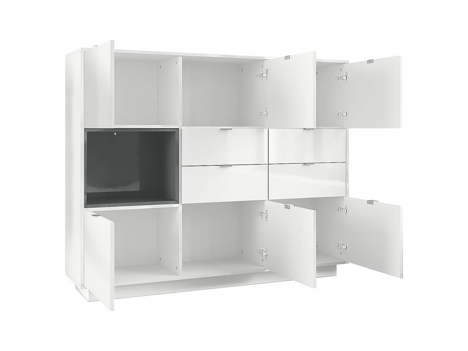 Buffet haut Armoire Metro V2, Corps en Blanc haute brillance / Façades en Blanc haute brillance avec une insertion en Chêne Nature