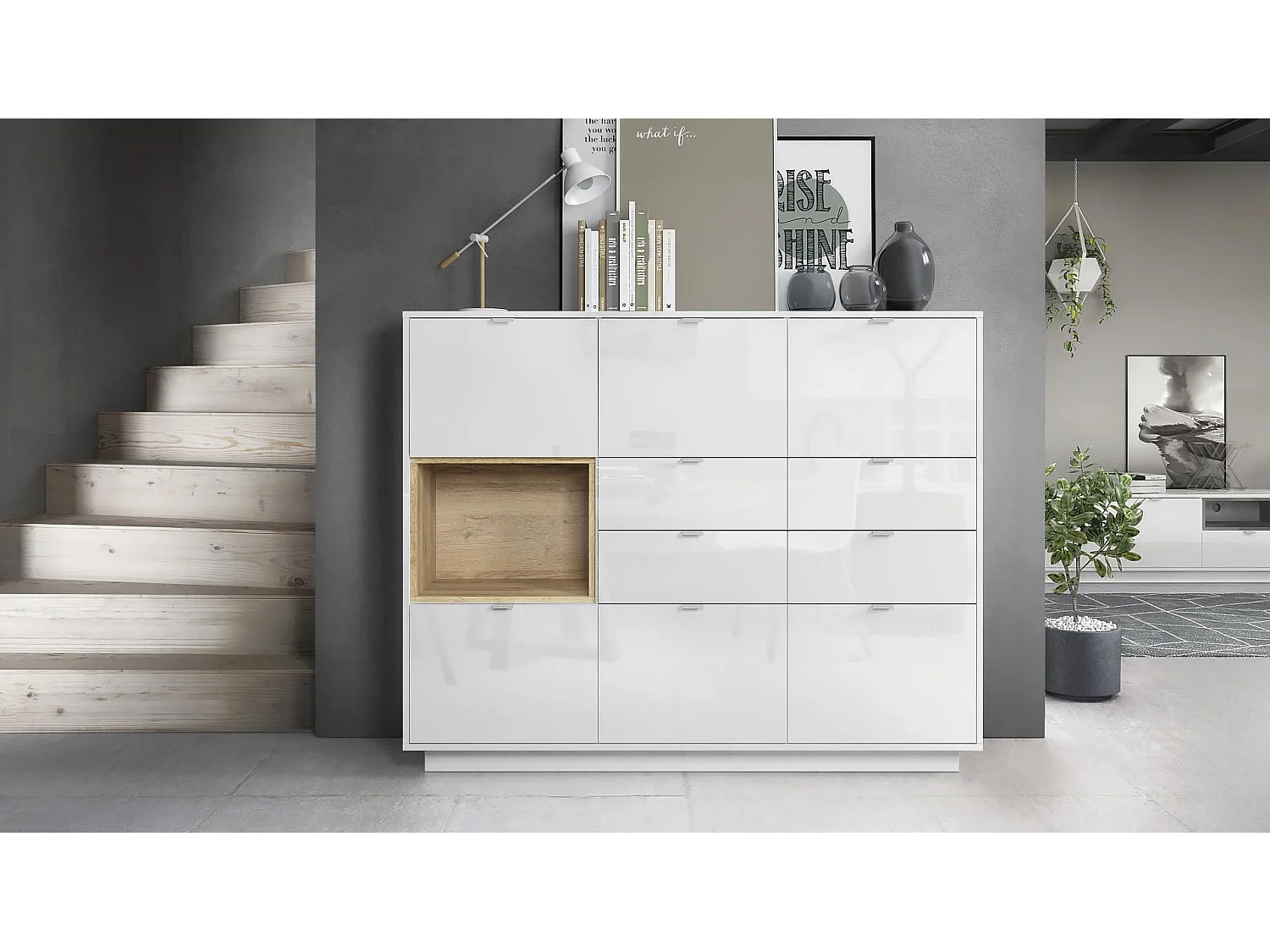 Buffet haut Armoire Metro V2, Corps en Blanc haute brillance / Façades en Blanc haute brillance avec une insertion en Chêne Nature