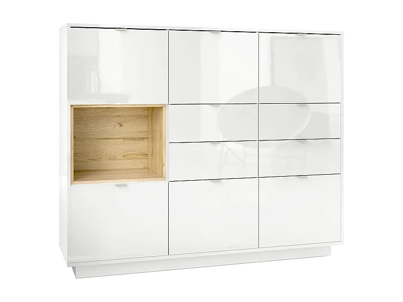 Buffet haut Armoire Metro V2, Corps en Blanc haute brillance / Façades en Blanc haute brillance avec une insertion en Chêne Nature
