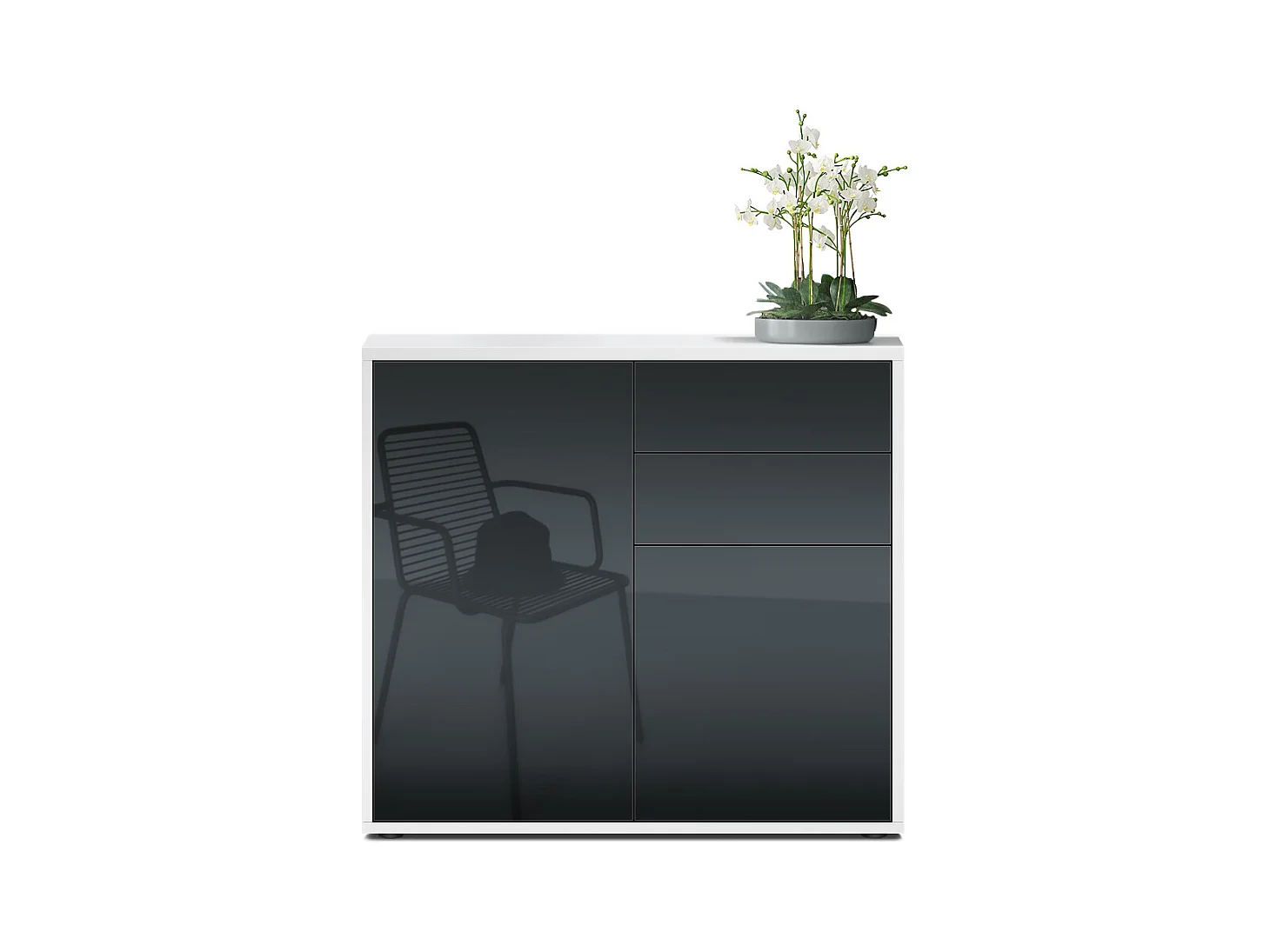 Buffet Ben, Commode avec 2 portes et 2 tiroirs, Blanc mat/Noir haute brillance (79 x 74 x 36 cm)