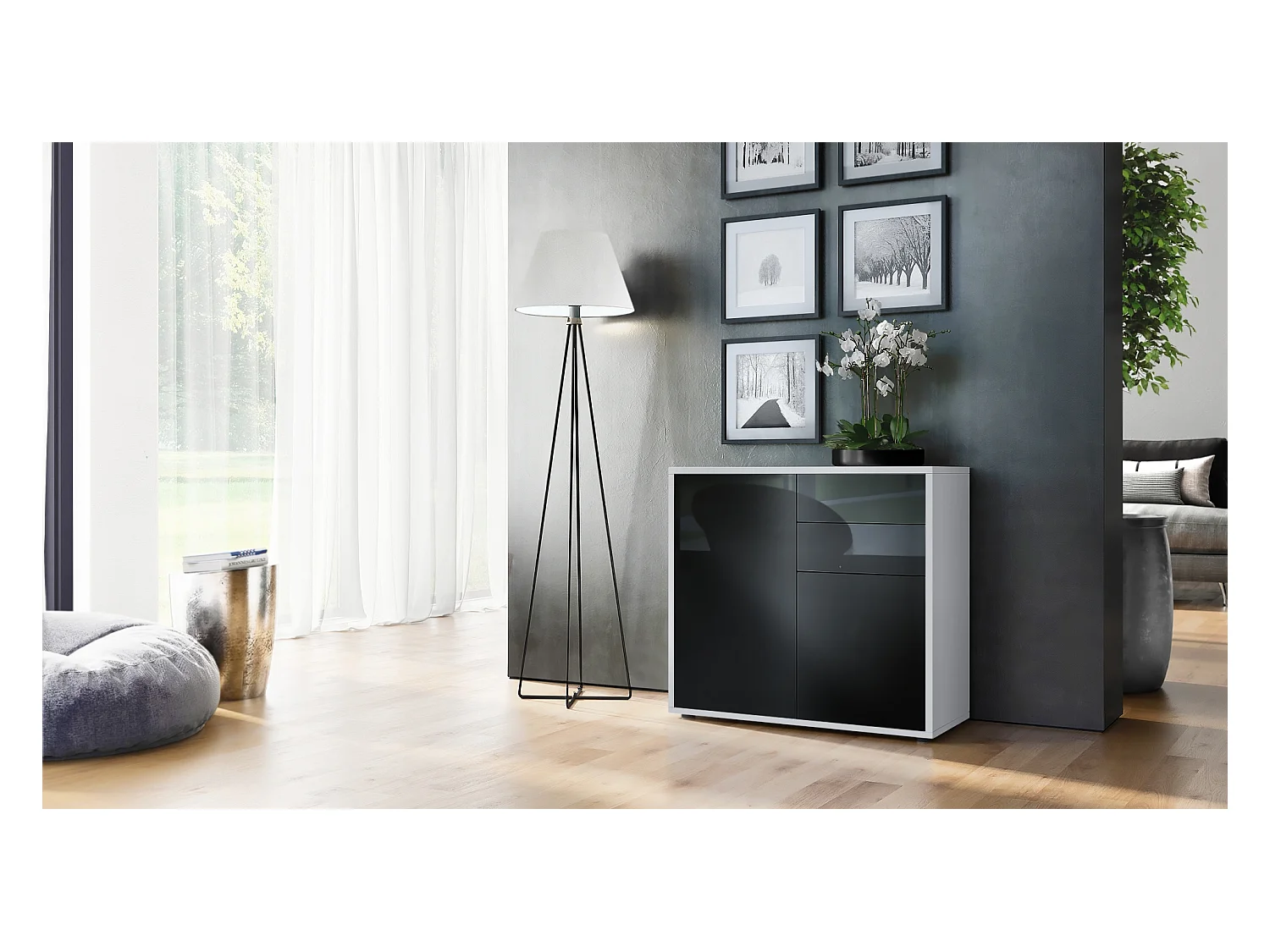 Buffet Ben, Commode avec 2 portes et 2 tiroirs, Blanc mat/Noir haute brillance (79 x 74 x 36 cm)