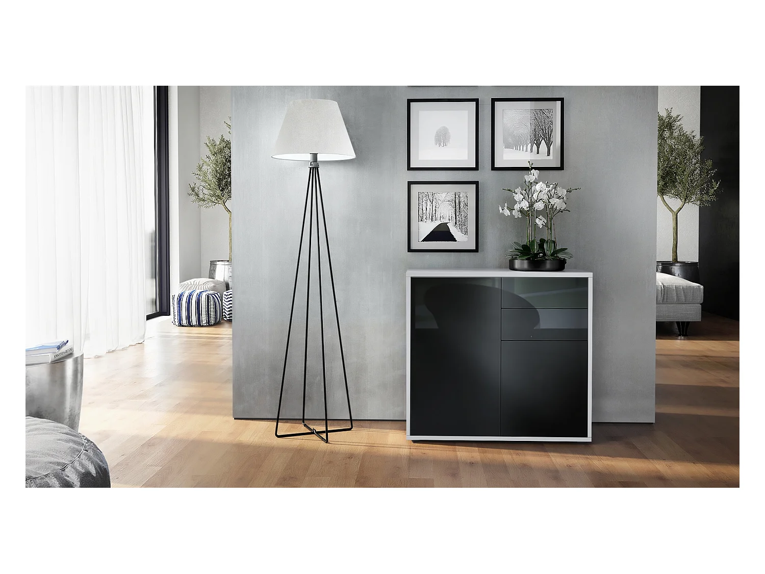 Buffet Ben, Commode avec 2 portes et 2 tiroirs, Blanc mat/Noir haute brillance (79 x 74 x 36 cm)