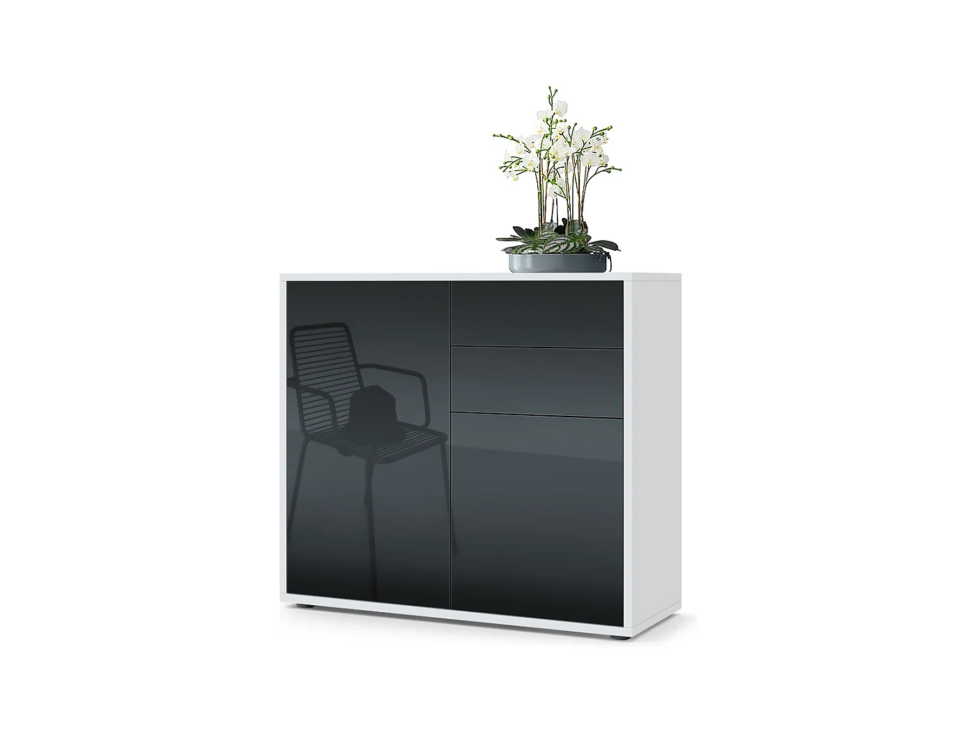 Buffet Ben, Commode avec 2 portes et 2 tiroirs, Blanc mat/Noir haute brillance (79 x 74 x 36 cm)