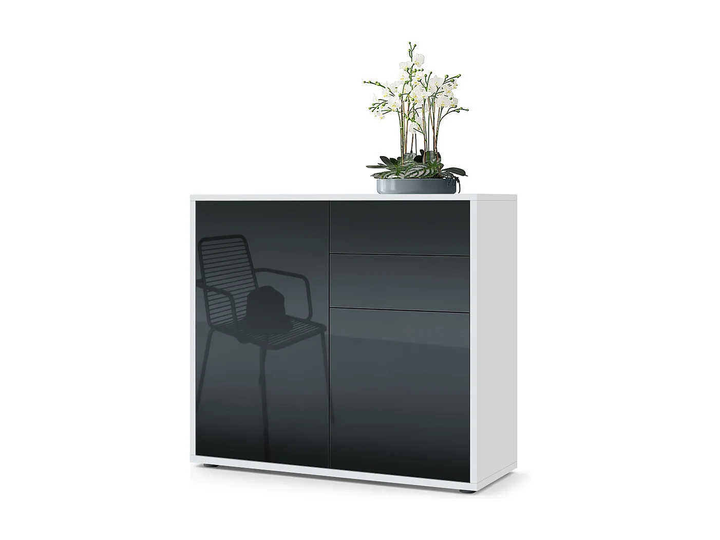 Buffet Ben, Commode avec 2 portes et 2 tiroirs, Blanc mat/Noir haute brillance (79 x 74 x 36 cm)