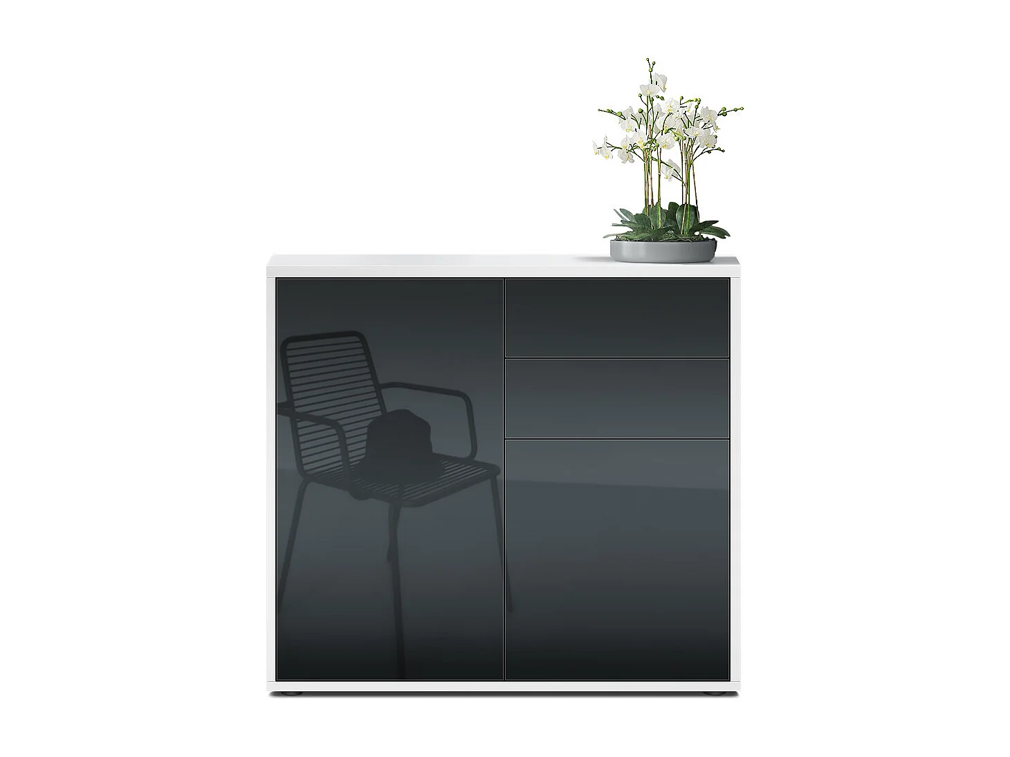 Buffet Ben, Commode avec 2 portes et 2 tiroirs, Blanc mat/Noir haute brillance (79 x 74 x 36 cm)