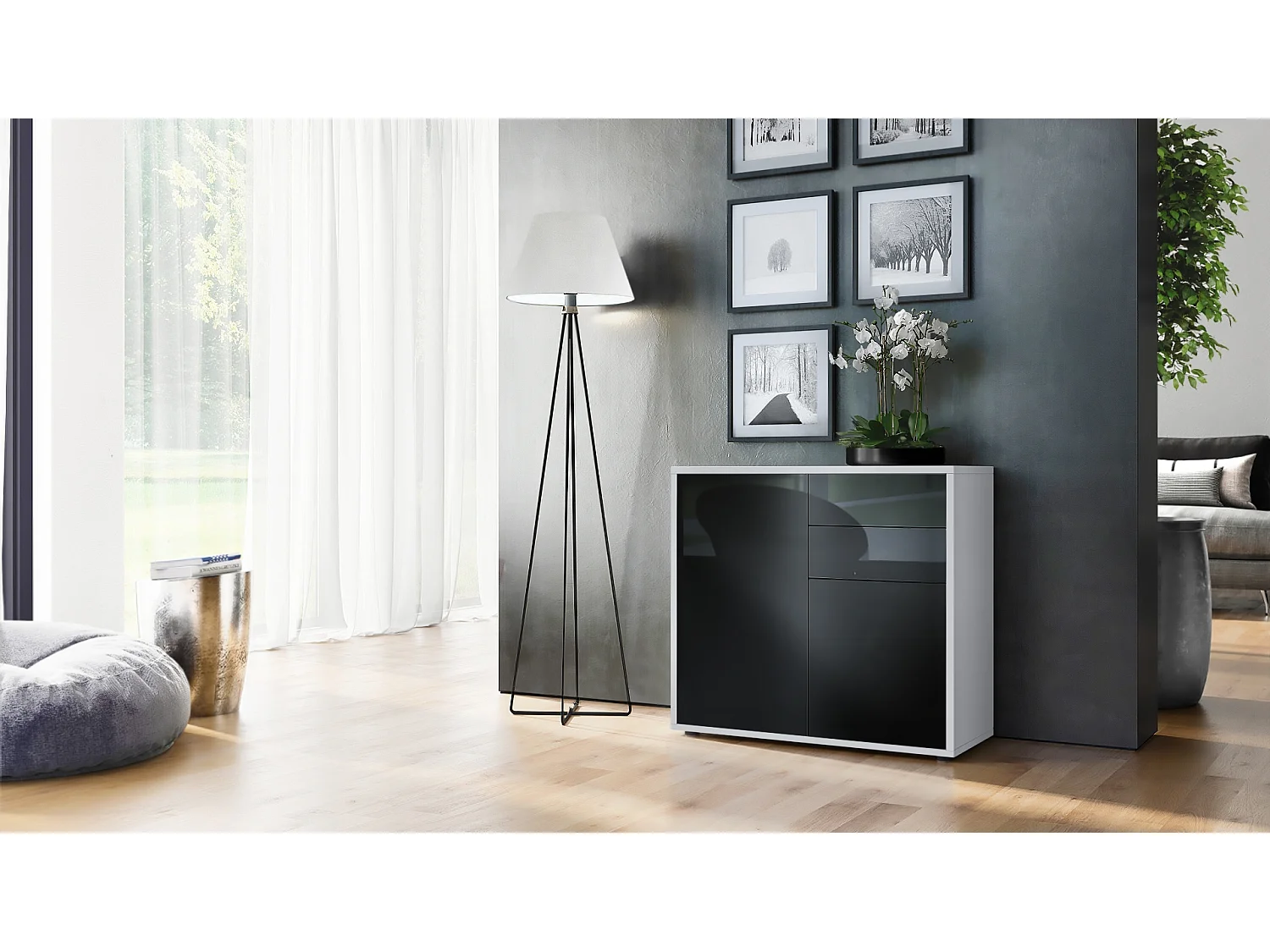 Buffet Ben, Commode avec 2 portes et 2 tiroirs, Blanc mat/Noir haute brillance (79 x 74 x 36 cm)