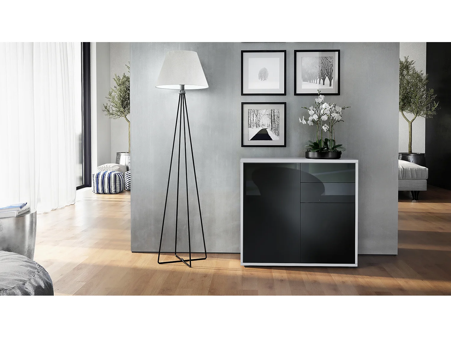 Buffet Ben, Commode avec 2 portes et 2 tiroirs, Blanc mat/Noir haute brillance (79 x 74 x 36 cm)