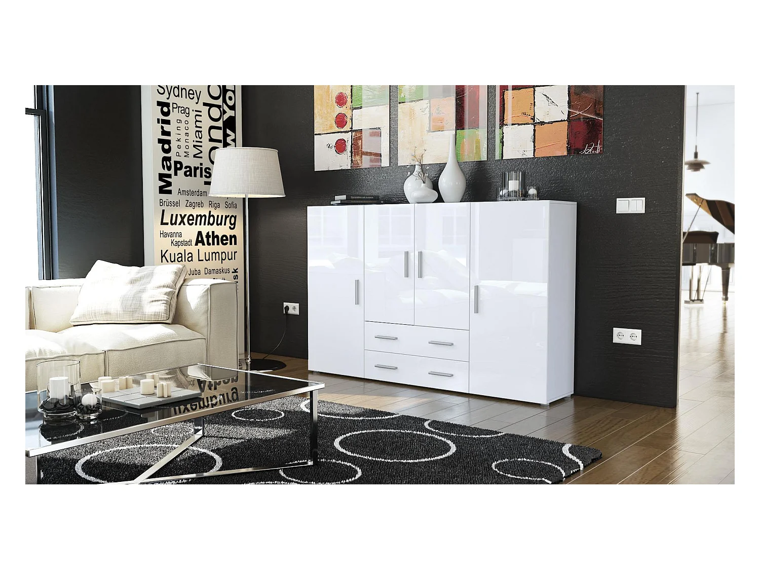 Le Buffet Haut Nora bahut avec 2 tiroirs et 4 portes avec un total de 8 compartiments derrière, blanc mat/blanc haute brillance (166,5 x 106,5 x 35 cm)