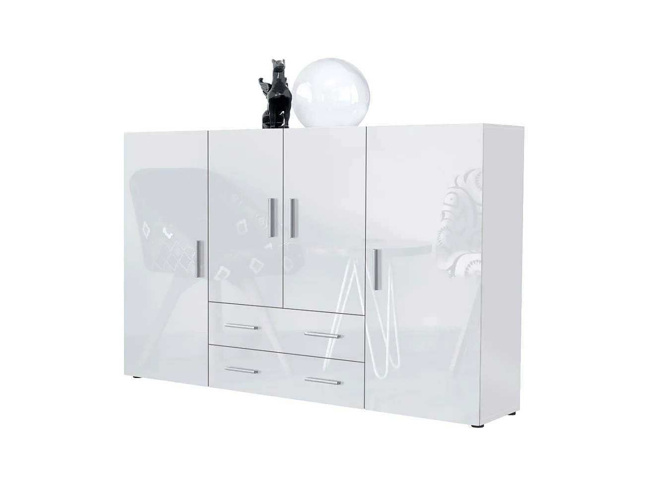 Highboard Nora Sideboard with 2 drawers and 4 doors with a total of 8 compartments behind, bianco opaco/bianco lucido (166.5 x 106.5 x 35 cm)