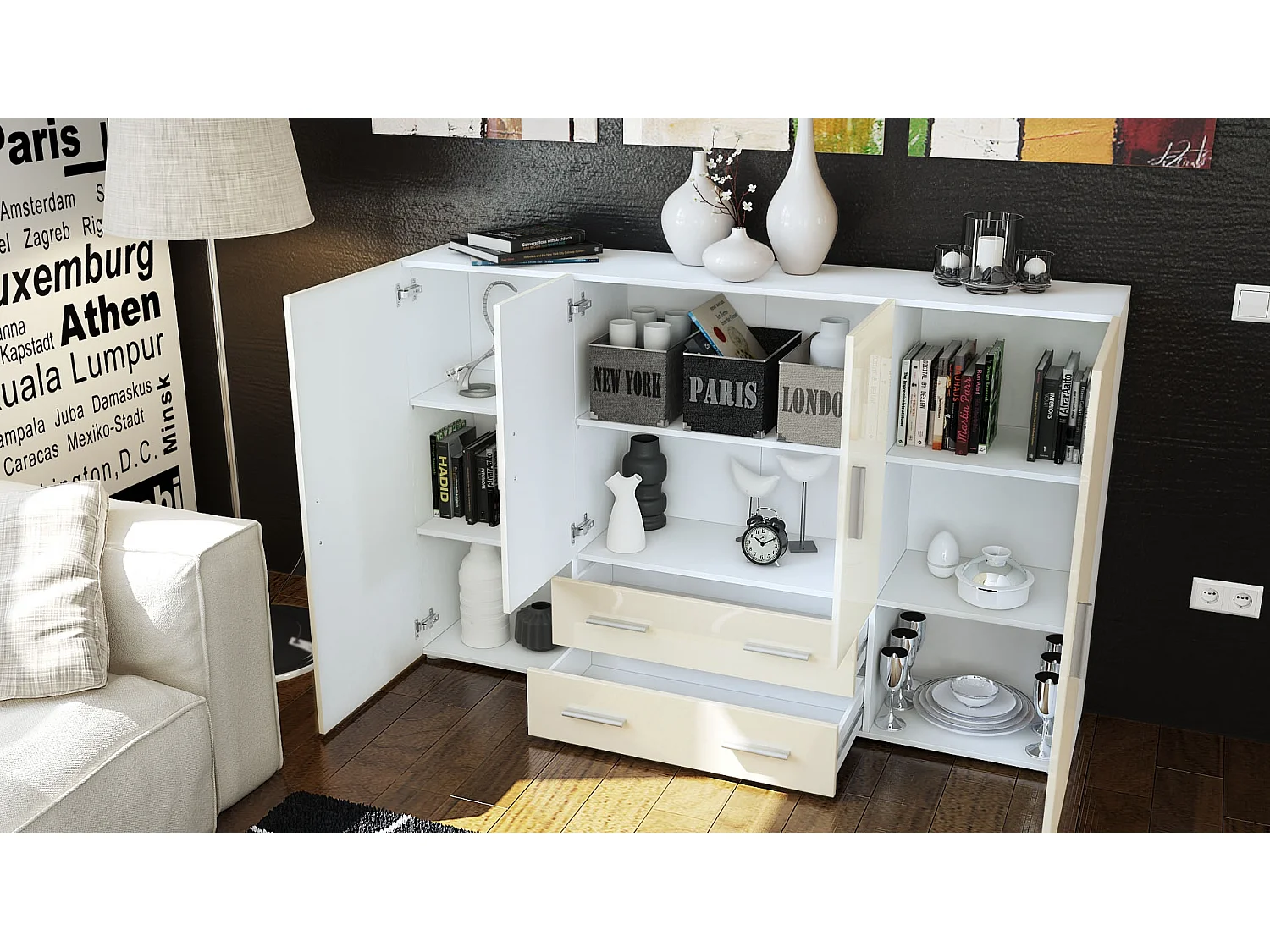 Le Buffet Haut Nora bahut avec 2 tiroirs et 4 portes avec un total de 8 compartiments derrière, blanc mat/blanc haute brillance (166,5 x 106,5 x 35 cm)