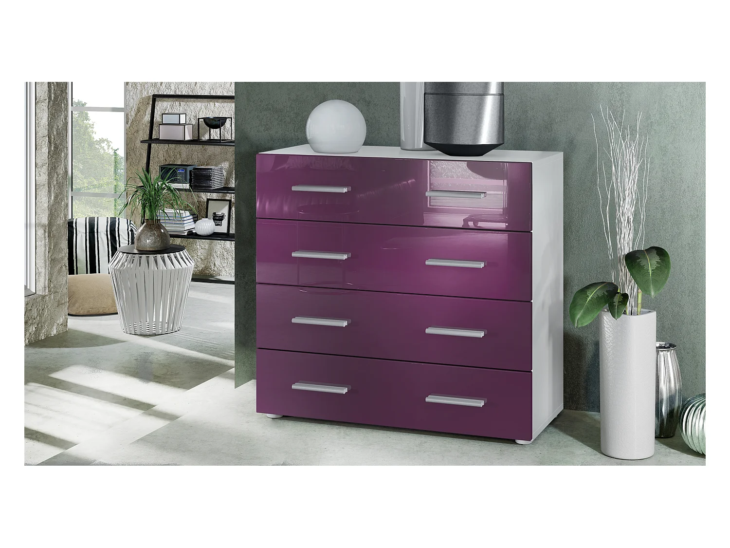 Buffet Pavos, Commode avec 4 tiroirs, blanc mat/mûre haute brillance (76 x 72 x 35 cm)