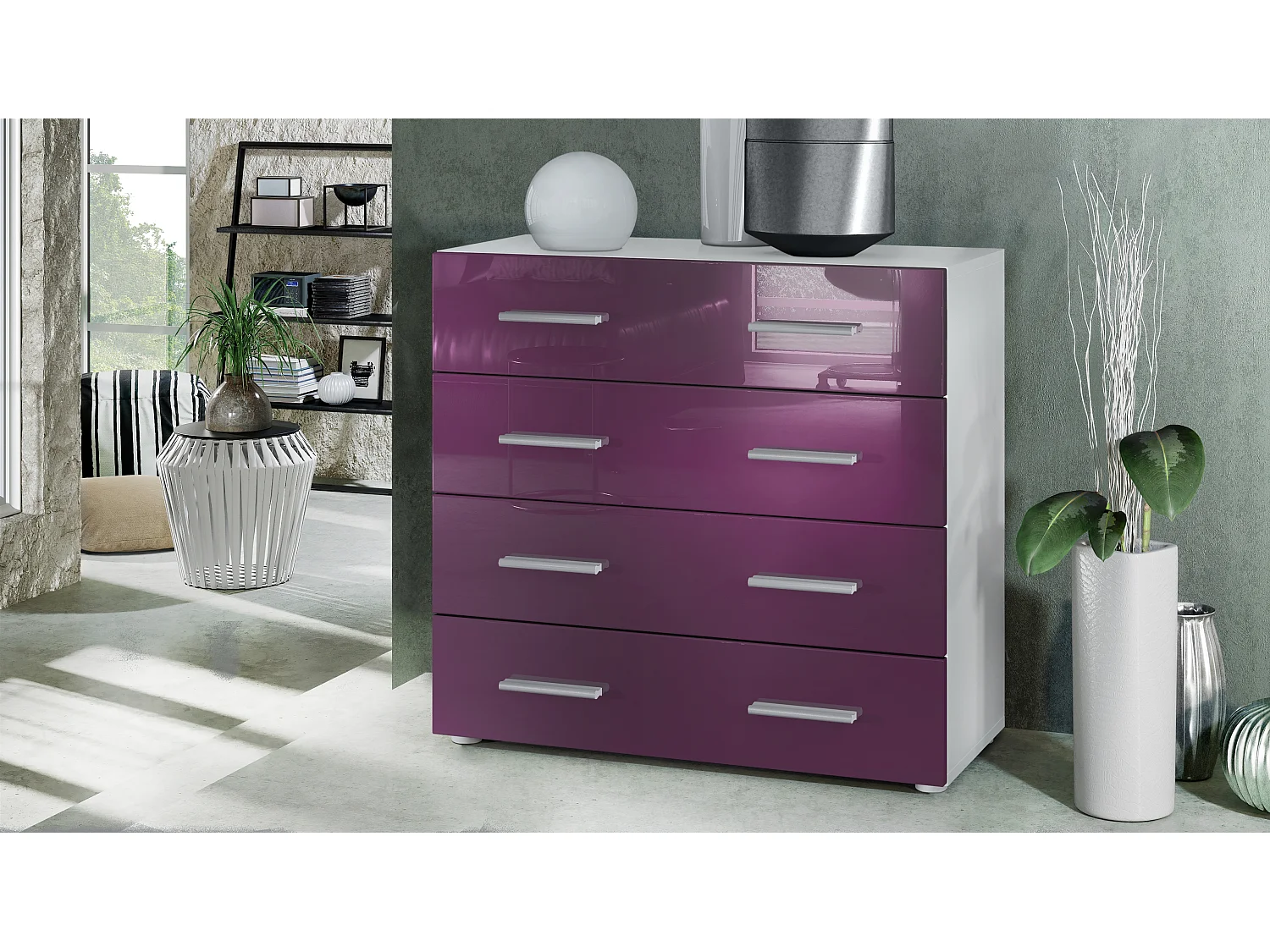 Vladon Madia Pavos, mobile con 4 cassetti, bianco opaco/violetto porpora lucido (76 x 72 x 35 cm)