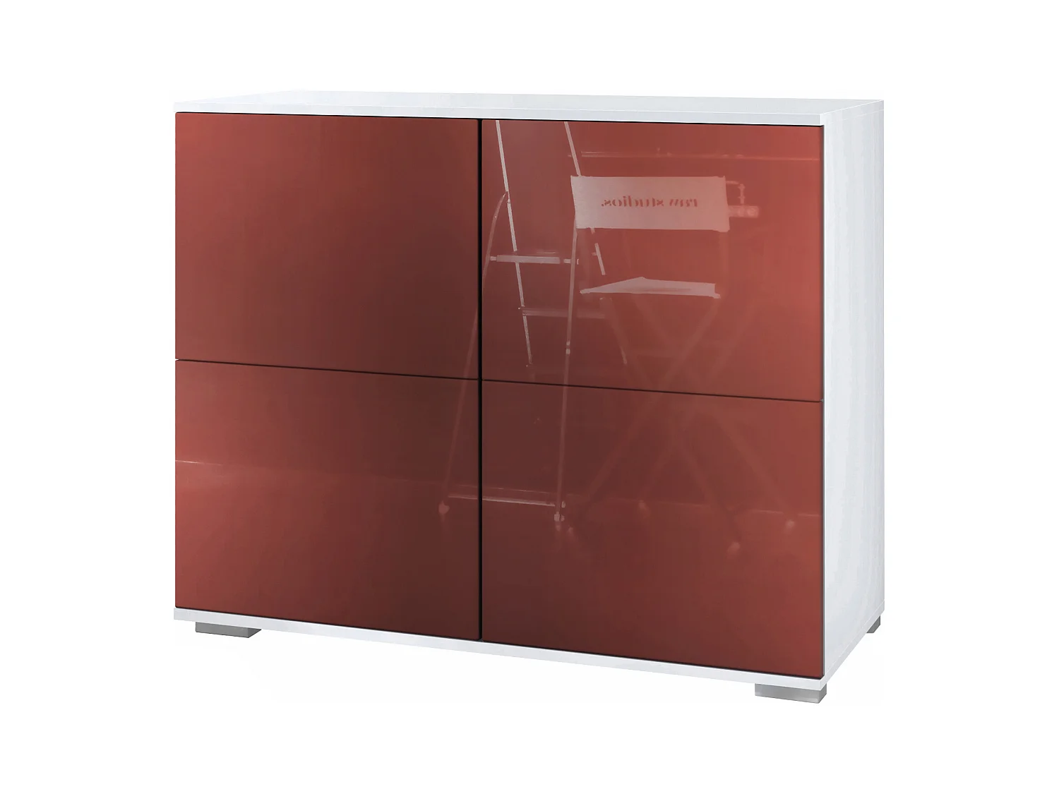 Buffet Rova V3 – Meuble de cuisine moderne avec 4 portes Push-to-Open blanc mat / bordeaux haute brillance (92,5 x 75.5 x 35)