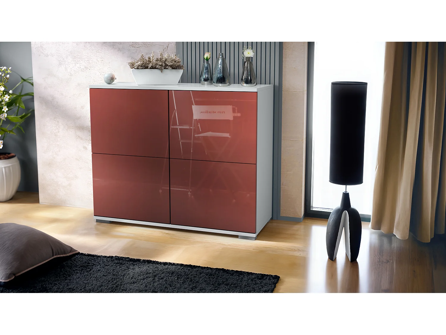 Credenza Rova V3 – Mobile da cucina moderno con 4 ante Push-to-Open bianco opaco / bordeaux lucido (92,5 x 75.5 x 35)
