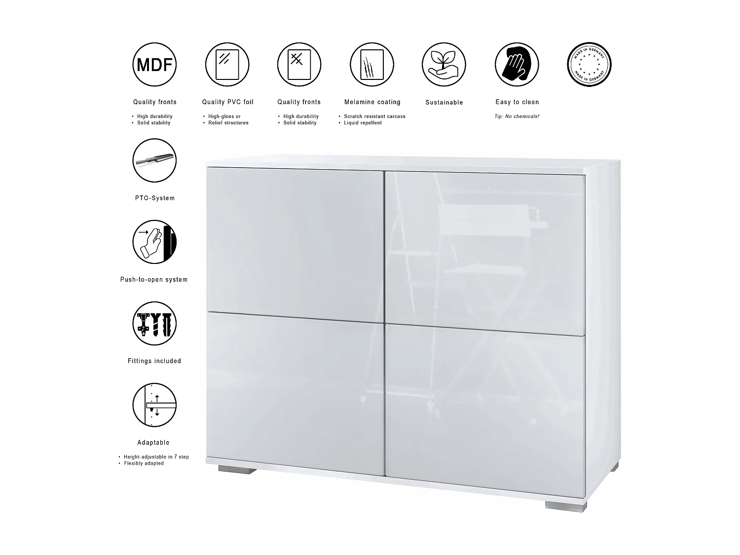 Credenza Rova V3 – Mobile da cucina moderno con 4 ante Push-to-Open bianco opaco / bordeaux lucido (92,5 x 75.5 x 35)