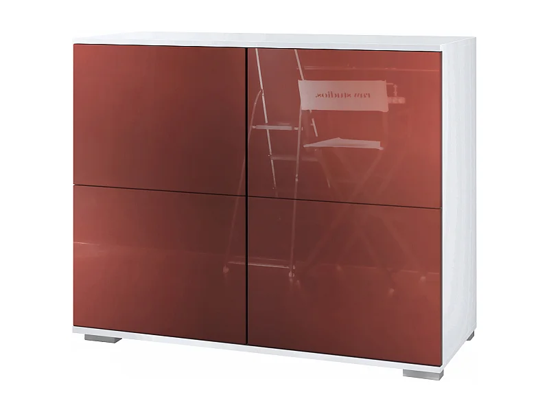 Buffet Rova V3 – Meuble de cuisine moderne avec 4 portes Push-to-Open blanc mat / bordeaux haute brillance (92,5 x 75.5 x 35)