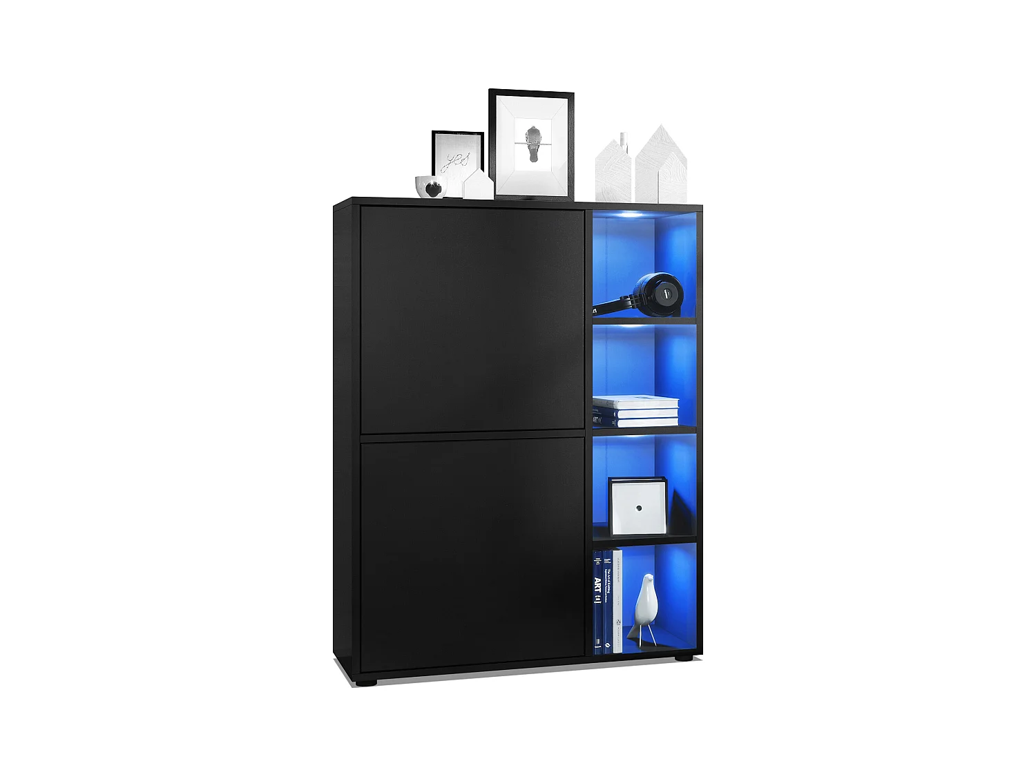 Buffet haut Cuba avec 8 compartiments, caisson en noir mat / Façades en Noir mat avec éclairage LED RGB
