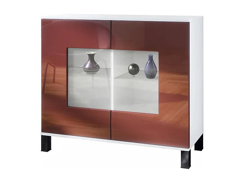 Cassettiera Grömitz V3, Mobile da cucina moderno con 2 grandi ante in vetro bianco opaco / bordeaux lucido (92,5 x 84.5 x 35)